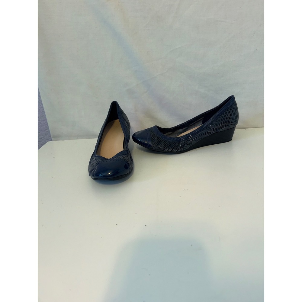 Cole Haan Navy Blue Snakeskin Embossed Patent Leather Wedge Pumps Shoes